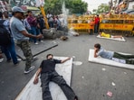 Local NGO and scout volunteers conduct a mock drill at the Bara Tooti Chowk in Sadar Bazar Market in New Delhi. Local NGO and scout volunteers conduct a mock drill at the Bara Tooti Chowk in Sadar Bazar Market in New Delhi.