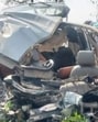The mangled remains of the vehicle in which the school students were travelling when the accident occurred on the Patiala-Samana road on Wednesday afternoon. (HT Photo)