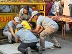 A rehearsal mock drill conducted by the Local NGO and scout volunteers at the Bara Tooti Chowk in Sadar Bazar Market in New Delhi, India, on Tuesday, May 6, 2025. A rehearsal mock drill conducted by the Local NGO and scout volunteers at the Bara Tooti Chowk in Sadar Bazar Market in New Delhi, India, on Tuesday, May 6, 2025.