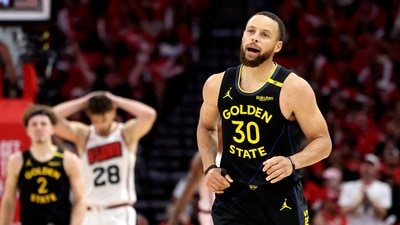Golden State Warriors guard Stephen Curry (30) reacts after scoring a basket during the second half of game seven of the first round for the 2025 NBA Playoffs against the Houston Rockets at Toyota Center. Mandatory Credit: Troy Taormina-Imagn (IMAGN IMAGES via Reuters Connect)