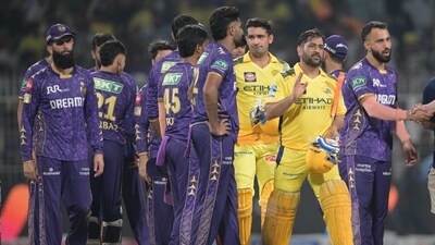 Anshul Kamboj then calmly hit the ball down the ground for a four and sealed the win for CSK. (AFP) Anshul Kamboj then calmly hit the ball down the ground for a four and sealed the win for CSK. (AFP)