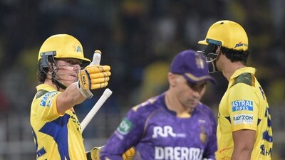 Shivam Dube and Dewald Brevis then steadied the chase for CSK after the powerplay. (AFP) Shivam Dube and Dewald Brevis then steadied the chase for CSK after the powerplay. (AFP)