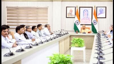 Chief minister Yogi Adityanath during a high-level review meeting on Wednesday. (HT photo)