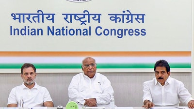 Congress President Mallikarjun Kharge with LoP in the Lok Sabha and party leader Rahul Gandhi and party leader KC Venugopal during a meeting of top party leaders to discuss the current situation after Operation Sindoor. (AICC) Congress President Mallikarjun Kharge with LoP in the Lok Sabha and party leader Rahul Gandhi and party leader KC Venugopal during a meeting of top party leaders to discuss the current situation after Operation Sindoor. (AICC)