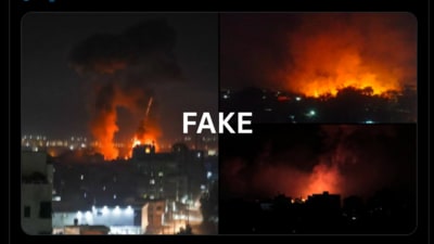 Photos from past Israeli airstrikes on Gaza falsely circulated as visuals of “Indian strikes on Sialkot.” (X/ @swanaamdhaanya)