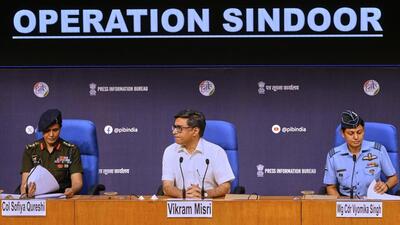 Foreign secretary Vikram Misri (centre) with Indian Army officer Colonel Sofiya Qureshi (left) and Indian Air Force officer Wing Commander Vyomika Singh (right) address the media after ‘Operation Sindoor’ on Wednesday. (AP Photo) Foreign secretary Vikram Misri (centre) with Indian Army officer Colonel Sofiya Qureshi (left) and Indian Air Force officer Wing Commander Vyomika Singh (right) address the media after ‘Operation Sindoor’ on Wednesday. (AP Photo)