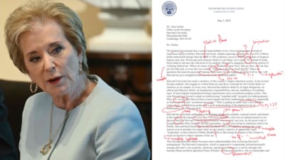 Linda McMahon's scathing letter to Harvard University criticized for 'glaring grammatical errors,' (AP and X/ @DougWahl1) Linda McMahon's scathing letter to Harvard University criticized for 'glaring grammatical errors,' (AP and X/ @DougWahl1)