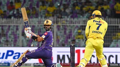 Ajinkya Rahane won the toss and chose to bat first. He had to do the bulk of big-hitting in the powerplay with Rahamanullah Gurbaz falling early. (Hindustan Times) Ajinkya Rahane won the toss and chose to bat first. He had to do the bulk of big-hitting in the powerplay with Rahamanullah Gurbaz falling early. (Hindustan Times)