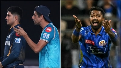 Ashish Nehra (2nd from L) and Hardik Pandya (R) were both fined after MI vs GT match (AFP/AP) Ashish Nehra (2nd from L) and Hardik Pandya (R) were both fined after MI vs GT match (AFP/AP)