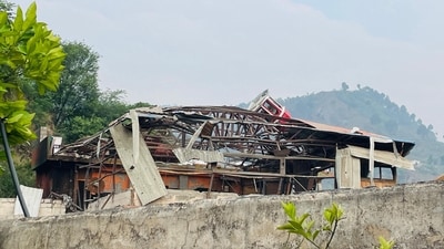 The wreckage of a mosque is seen after Indian strikes in Muzaffarabad. (AFP)