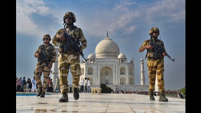 Security personnel keep a vigil at the Taj Mahal complex, in Agra on Wednesday (PTI) Security personnel keep a vigil at the Taj Mahal complex, in Agra on Wednesday (PTI)