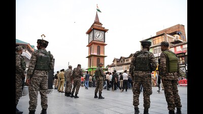 Security personnel stand guard at Lal Chowk, in Srinagar on Wednesday. (ANI) Security personnel stand guard at Lal Chowk, in Srinagar on Wednesday. (ANI)