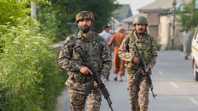 Security personnel in Pulwama keep vigil amid high alert after India struck nine terror targets in Pakistan & PoK on Wednesday, May 7. (PTI) Security personnel in Pulwama keep vigil amid high alert after India struck nine terror targets in Pakistan & PoK on Wednesday, May 7. (PTI)