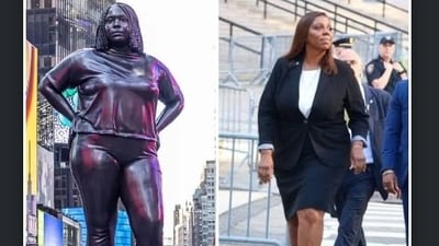Times Square 12-foot tall bronze sculpture was created by Thomas J. Price. (X@OliLondonTV) Times Square 12-foot tall bronze sculpture was created by Thomas J. Price. (X@OliLondonTV)