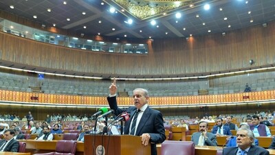 Pakistan Prime Minister Shehbaz Sharif (C) addressing the special session at the National Assembly in Islamabad on May 7. (AFP) Pakistan Prime Minister Shehbaz Sharif (C) addressing the special session at the National Assembly in Islamabad on May 7. (AFP)