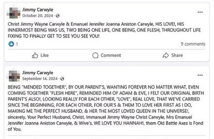 Carwyle calls Aniston his ‘bride’ in the chilling Facebook posts.
Facebook/@Jimmy Carwyle Carwyle calls Aniston his ‘bride’ in the chilling Facebook posts.
Facebook/@Jimmy Carwyle