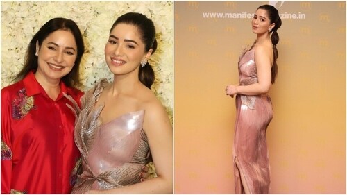 Sara Tendulkar in a one-shoulder gown designed by Amit Aggarwal. She styled the sequinned ensemble with a bubble braid hairdo, pink lips, darkened brows and statement earrings. (Instagram) Sara Tendulkar in a one-shoulder gown designed by Amit Aggarwal. She styled the sequinned ensemble with a bubble braid hairdo, pink lips, darkened brows and statement earrings. (Instagram)