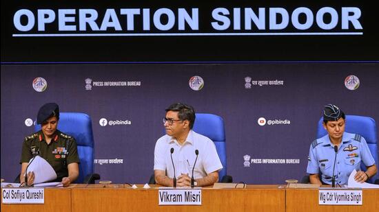 Foreign secretary Vikram Misri (centre) with Indian Army officer Colonel Sofiya Qureshi (left) and Indian Air Force officer Wing Commander Vyomika Singh (right) address the media after ‘Operation Sindoor’ on Wednesday. (AP Photo)