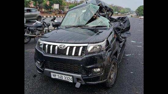 The mangled remains of the car after the collision at Pinjore on Wednesday. (HT Photo)