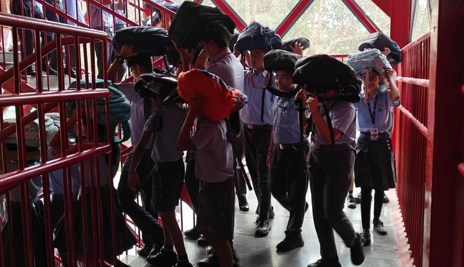 At Amity International School, Saket, around 2,000 students from nursery to Class 12, 136 teachers, and 100 staff members participated in the drill on Wednesday morning. (HT Photo/Varun Bhandari)