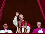 Newly elected Pope Leo XIV, Cardinal Robert Prevost on the balcony of St. Peter's Basilica