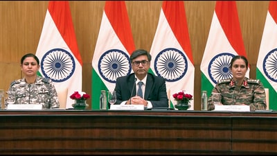 (From left) Wing Commander Vyomika Singh, Foreign Secretary Vikram Misri, and Colonel Sofiya Qureshi at a Ministry of External Affairs press briefing on Operation Sindoor, in New Delhi on Thursday. (ANI Photo)