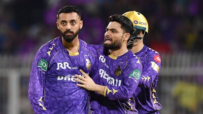 Kolkata Knight Riders' Varun Chakaravarthy and Rinku Singh celebrate the wicket of Chennai Super Kings' Urvil Patel during IPL 2025 (Surjeet Yadav)