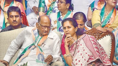 Mumbai, India – Feb 15, 2024: NCP Sharadchandra Pawar party Woman's wing organized Women's Convention, at Shanmukhanand Hall, in presence of Sharad Pawar, Supriya Sule, Jayant Patil, and other leaders, in Mumbai, India, on Thursday, February 15, 2024. (Photo by Bhushan Koyande/HT Photo) Mumbai, India – Feb 15, 2024: NCP Sharadchandra Pawar party Woman's wing organized Women's Convention, at Shanmukhanand Hall, in presence of Sharad Pawar, Supriya Sule, Jayant Patil, and other leaders, in Mumbai, India, on Thursday, February 15, 2024. (Photo by Bhushan Koyande/HT Photo)