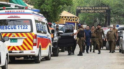 Security personnel cordon off a street near a site after an alleged drone was shot down in Lahore on May 8, 2025. (AFP) Security personnel cordon off a street near a site after an alleged drone was shot down in Lahore on May 8, 2025. (AFP)