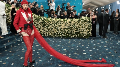 Model Amelia Gray took inspiration from Superman for her Met Gala outfit. While the look certainly ticked the boxes of the theme with its quintessential Harlem vibe, durag and head covering, the lace underwear atop the beige layer would certainly turn heads.) (REUTERS)