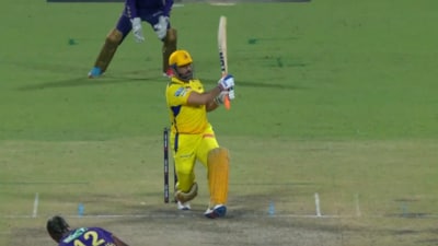 MS Dhoni smashes Andre Russell for a six on the first ball of the final over that all but sealed CSK's win against KKR (IPL) MS Dhoni smashes Andre Russell for a six on the first ball of the final over that all but sealed CSK's win against KKR (IPL)