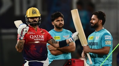 Virat Kohli of (RCB) with Rishabh Pant, skipper of (LSG), during a training session a day before their IPL match at Atal Bihari Bajpayee Ekana International Cricket Stadium