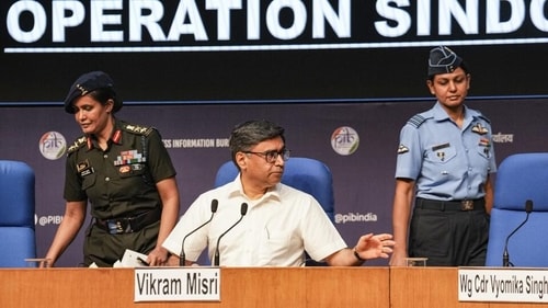 Colonel Sofiya Qureshi, Foreign Secretary Vikram Misri and Wing Commander Vyomika Singh elaborated on the mission during a press conference regarding Operation Sindoor, in New Delhi on Wednesday. (Photo: PTI) Colonel Sofiya Qureshi, Foreign Secretary Vikram Misri and Wing Commander Vyomika Singh elaborated on the mission during a press conference regarding Operation Sindoor, in New Delhi on Wednesday. (Photo: PTI)