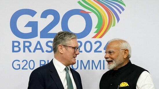 UK's Prime Minister Keir Starmer and India's Prime Minister Narendra Modi during a bilateral meeting on the sidelines of the G20 summit in Rio de Janeiro, Brazil Brazil, on November 18, 2024. (AFP)