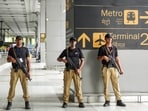 Delhi Police SWAT Commandos stand during a nationwide civil defence mock drill, at IGI airport in New Delhi on Wednesday Delhi Police SWAT Commandos stand during a nationwide civil defence mock drill, at IGI airport in New Delhi on Wednesday