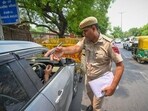 Delhi Police checking vehicles and details of drivers on Mathura Road in New Delhi on Thursday.