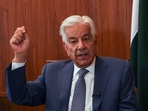 Pakistan's Defence Minister Khawaja Muhammad Asif gestures during an interview with Reuters in Islamabad, Pakistan, May 8, 2025. 