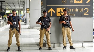 Delhi Police SWAT Commandos stand during a nationwide civil defence mock drill, at IGI airport in New Delhi on Wednesday (ANI) Delhi Police SWAT Commandos stand during a nationwide civil defence mock drill, at IGI airport in New Delhi on Wednesday (ANI)