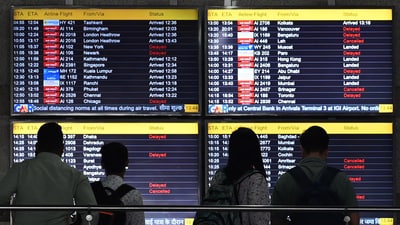 Flight Information at Terminal 3 of the IGI Airport showing  many flight rescheduled or diverted to other safer destinations in view of security concerns due to situations at the border with Pakistan,  in New Delhi, India, on Friday, May 9, 2025. (Photo by Vipin Kumar/ Hindustan Times)