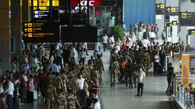 CISF personnel participate in the civil defence security mock drill at the Indira Gandhi International Airport in New Delhi. (Reuters)