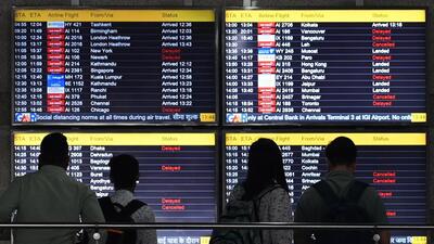 Flight Information at Terminal 3 of IGI Airport on Friday. (Vipin Kumar/HT Photo)