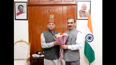 Himachal Pradesh chief minister Sukhvinder Singh Sukhu meets state governor Shiv Pratap Shukla at Raj Bhavan in Shimla on Friday. (ANI)