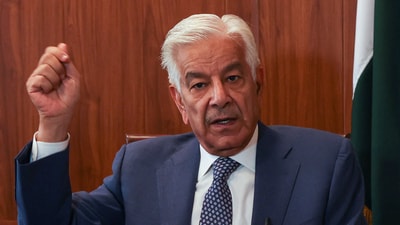 Pakistan's Defence Minister Khawaja Muhammad Asif gestures during an interview with Reuters in Islamabad, Pakistan, May 8, 2025. (REUTERS)