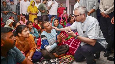 Jammu and Kashmir chief minister Omar Abdullah interacts with displaced border residents at a shelter camp, amid the ongoing military conflict between India and Pakistan on Friday. (Sourced) Jammu and Kashmir chief minister Omar Abdullah interacts with displaced border residents at a shelter camp, amid the ongoing military conflict between India and Pakistan on Friday. (Sourced)