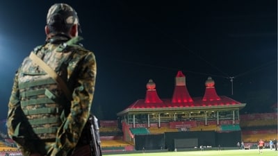 Security personnel in Dharamsala's HPCA Stadium (PTI) Security personnel in Dharamsala's HPCA Stadium (PTI)