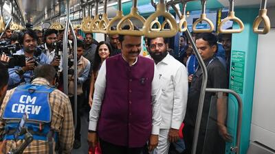 On Friday, CM Devendra Fadnavis and deputy CM Eknath Shinde took a ride on the aqua line, another name for the Metro 3 corridor, from BKC to Siddhivinayak Temple (Raju Shinde/ HT Photo) On Friday, CM Devendra Fadnavis and deputy CM Eknath Shinde took a ride on the aqua line, another name for the Metro 3 corridor, from BKC to Siddhivinayak Temple (Raju Shinde/ HT Photo)