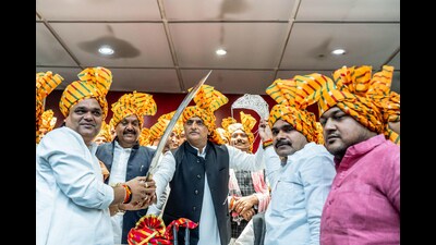 Samajwadi Party chief Akhilesh Yadav holds a sword during a press conference on the occasion of Maharana Pratap Jayanti, at the party office in Lucknow on Friday. (Akhilesh Yadav - X) Samajwadi Party chief Akhilesh Yadav holds a sword during a press conference on the occasion of Maharana Pratap Jayanti, at the party office in Lucknow on Friday. (Akhilesh Yadav - X)