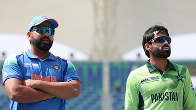 India's ODI captain Rohit Sharma, left, with Pakistan skipper Mohammad Rizwan during the famous Champions Trophy match not too long ago. (AFP) India's ODI captain Rohit Sharma, left, with Pakistan skipper Mohammad Rizwan during the famous Champions Trophy match not too long ago. (AFP)
