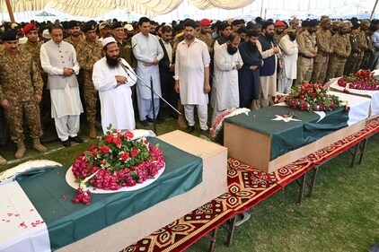 Hafiz Abdur Rauf, head of the Falah-e-Insaniyat Foundation, another proxy of the LeT, led funeral prayers for some of those killed in the Indian strike on LeT’s main complex at Muridke. He was joined by senior Pakistan Army and police officers. (AFP) Hafiz Abdur Rauf, head of the Falah-e-Insaniyat Foundation, another proxy of the LeT, led funeral prayers for some of those killed in the Indian strike on LeT’s main complex at Muridke. He was joined by senior Pakistan Army and police officers. (AFP)
