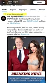Urban Meyer reposted a tweet about Jordon Hudson's reported UNC ban (X) Urban Meyer reposted a tweet about Jordon Hudson's reported UNC ban (X)